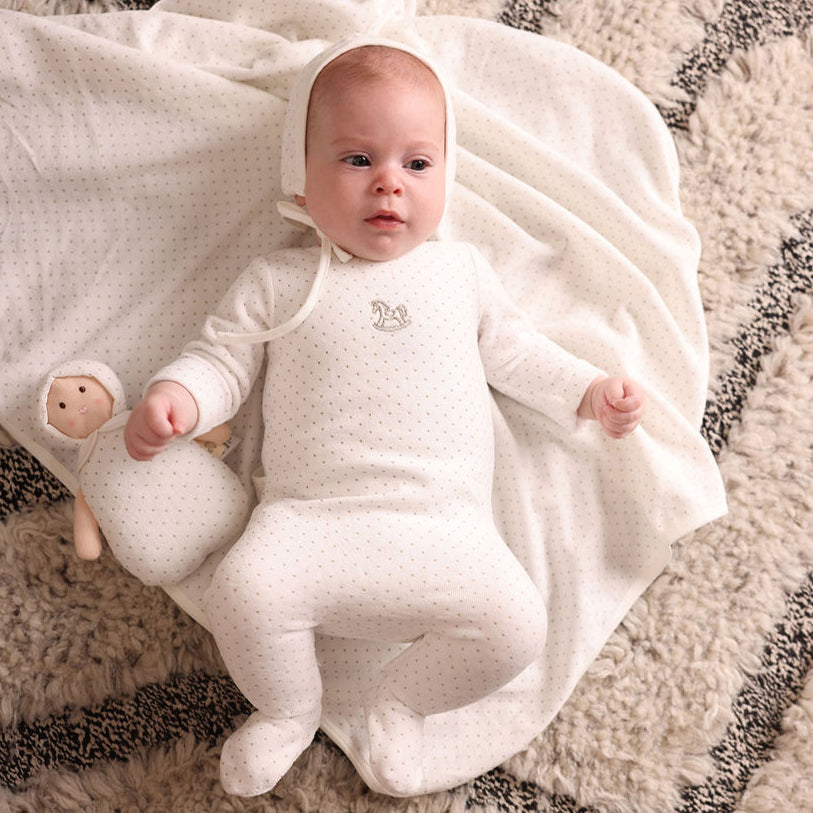 Dot Footie, Bonnet and Blanket Set