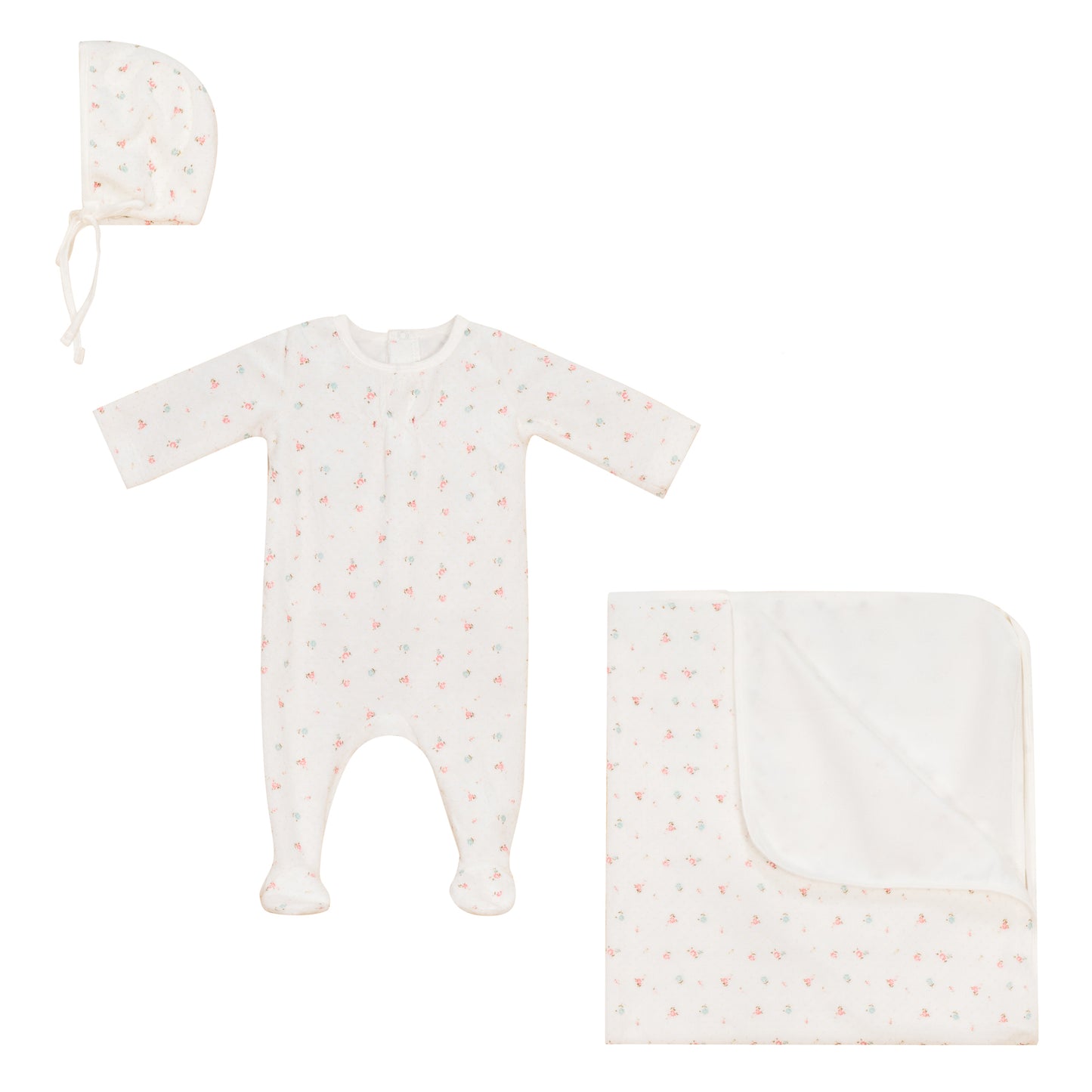 Floral Footie, Bonnet and Blanket Set with Front Gather