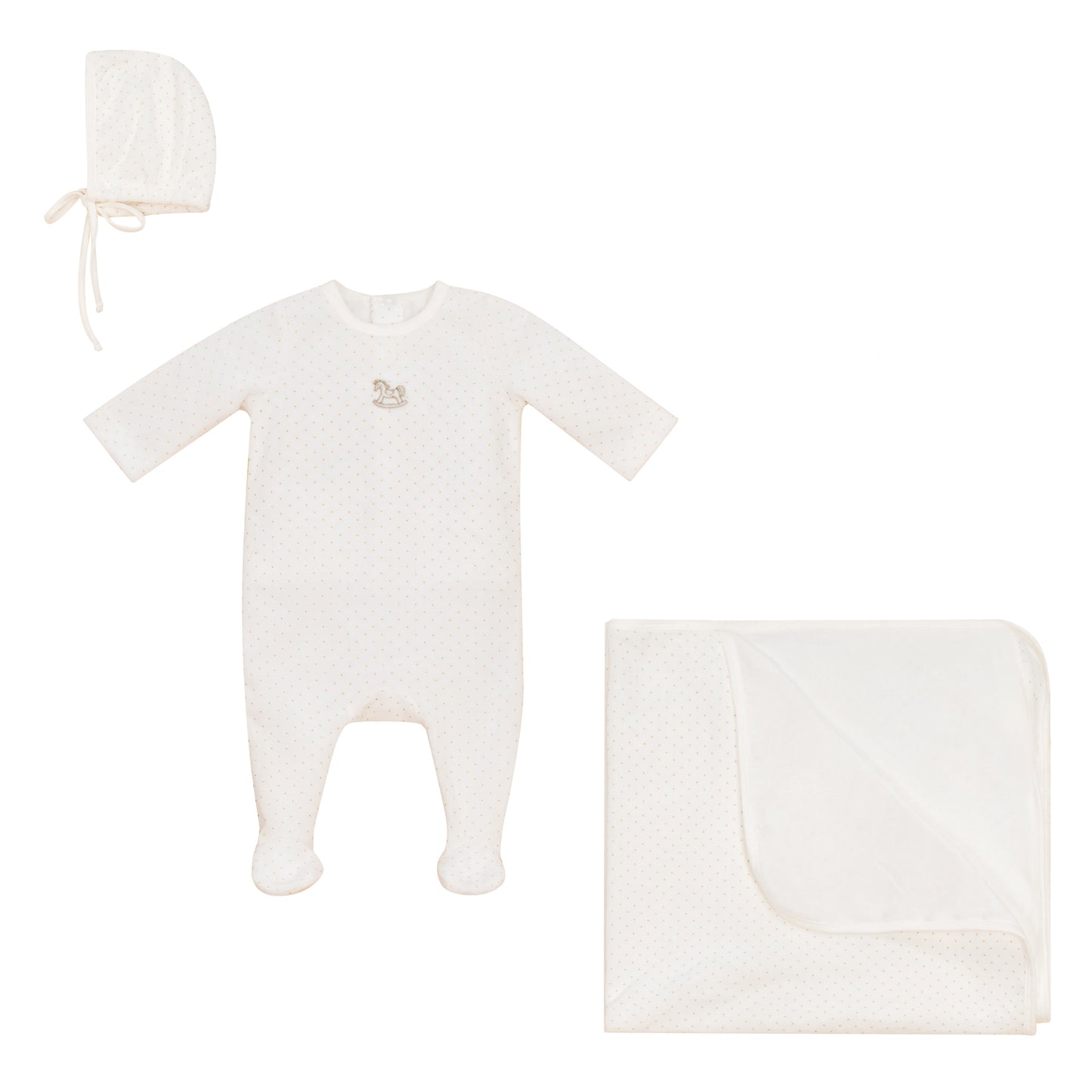 Dot Footie, Bonnet and Blanket Set