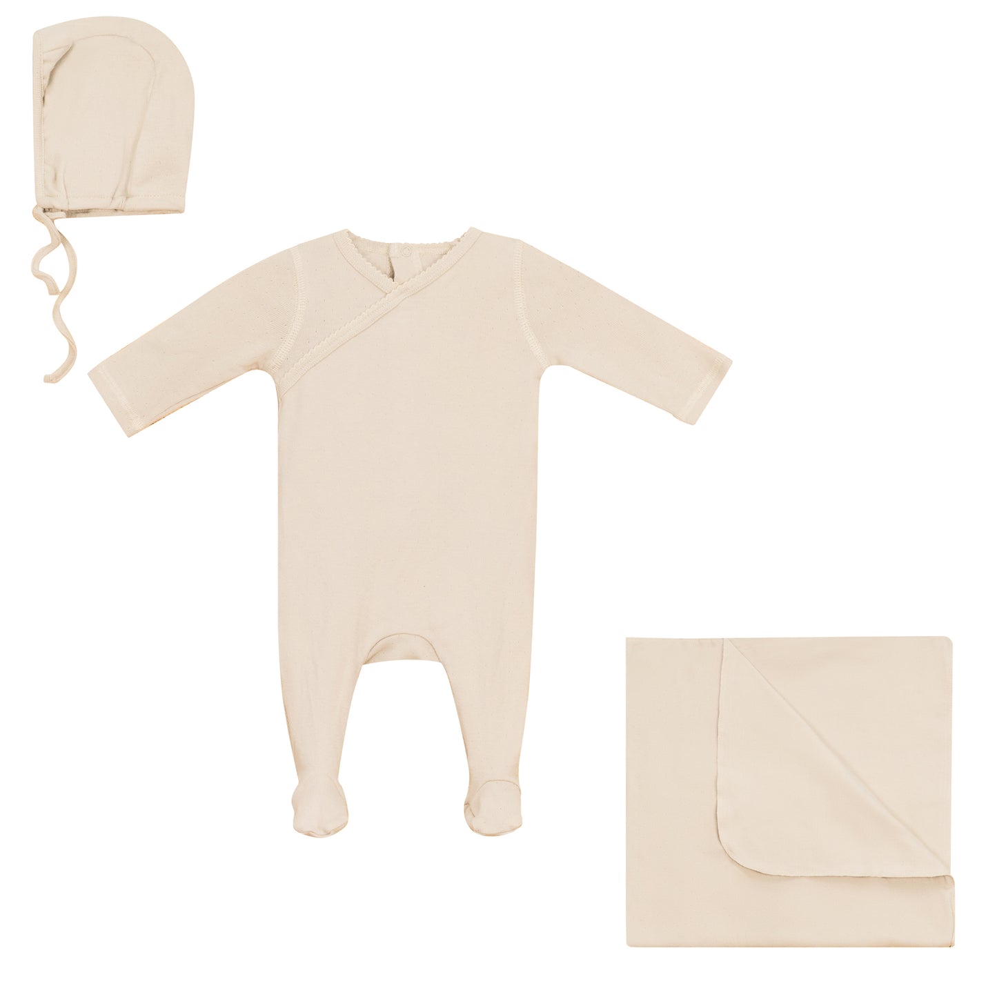 Eyelet Wrap Footie, Bonnet and Blanket Set Beige