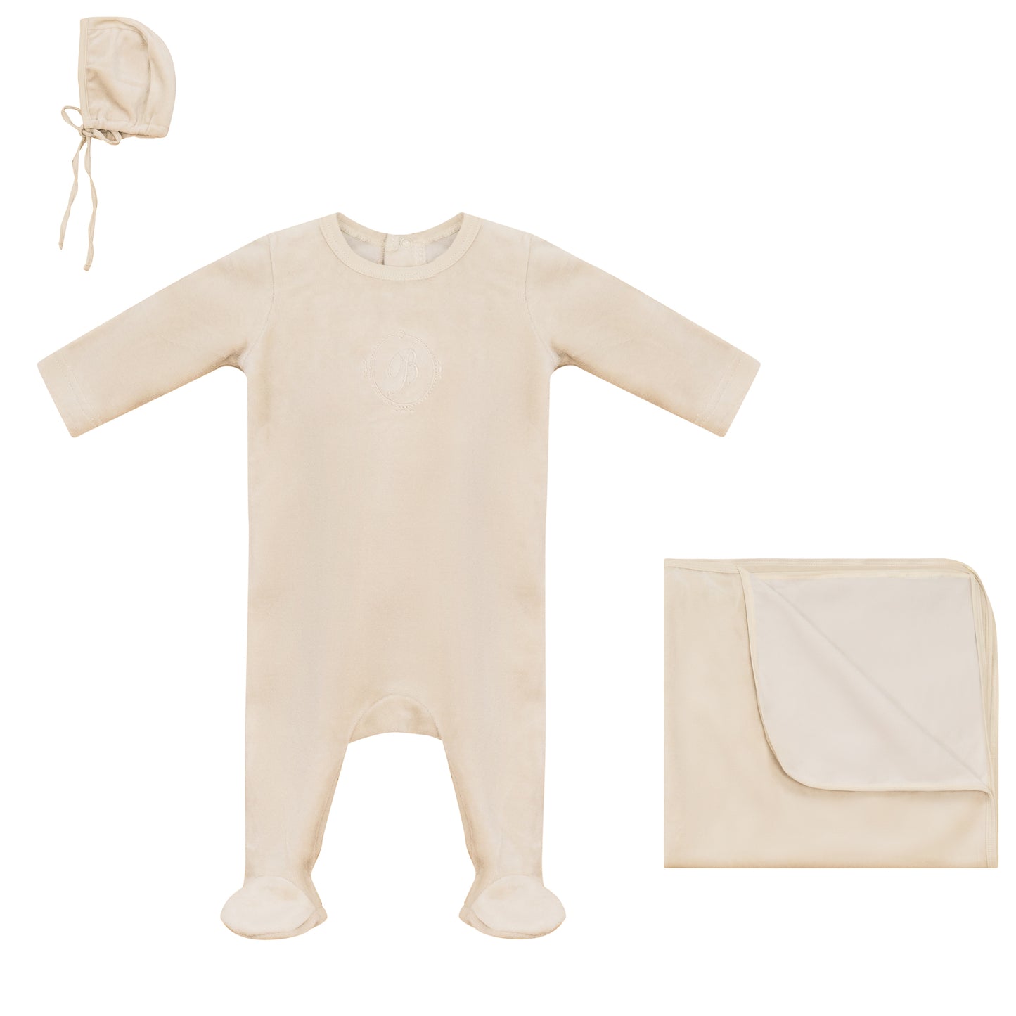 Embroidered B Footie, Bonnet and Blanket Set Beige