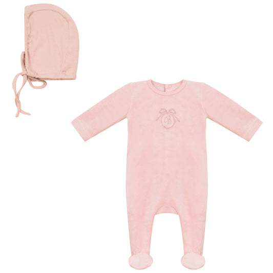 Embroidered B Footie and Bonnet Set Pink