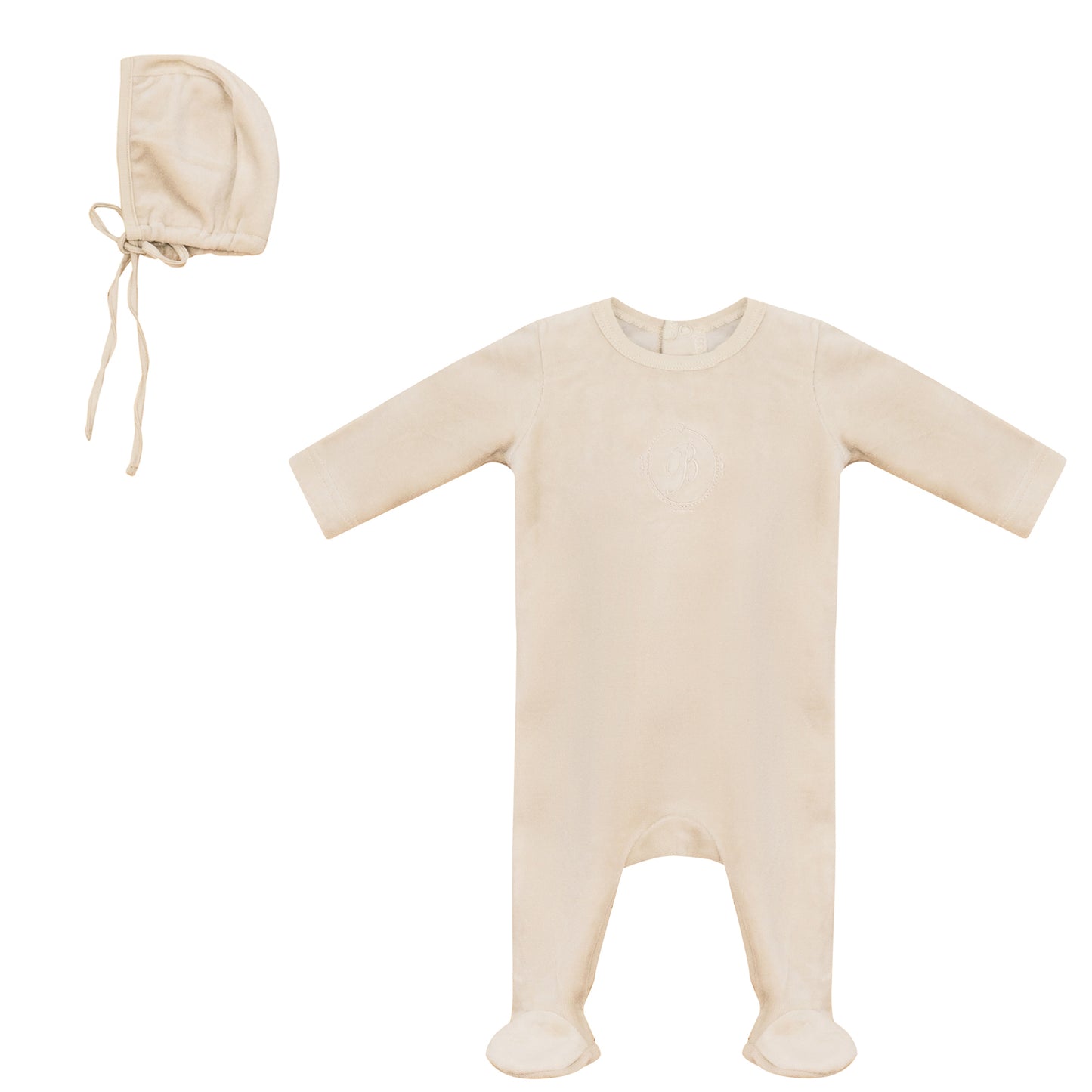 Embroidered B Footie and Bonnet Set Beige