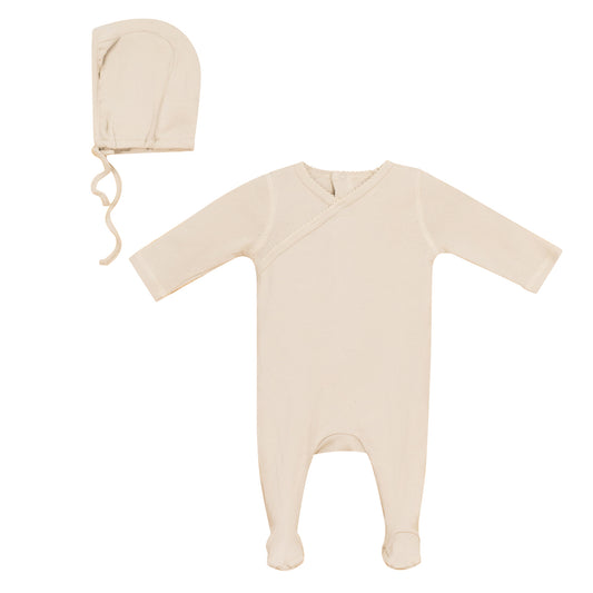 Eyelet Wrap Footie and Bonnet Set Beige