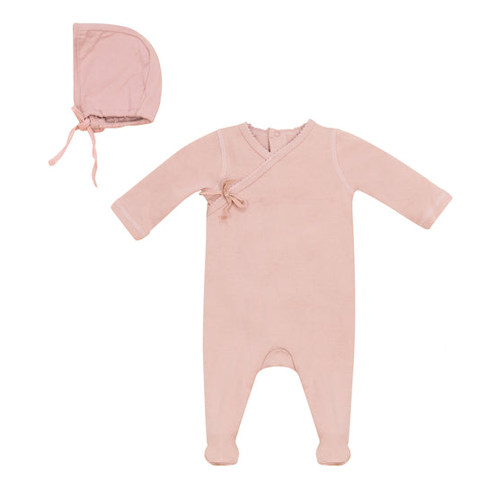 Eyelet Wrap Footie and Bonnet Set Pink
