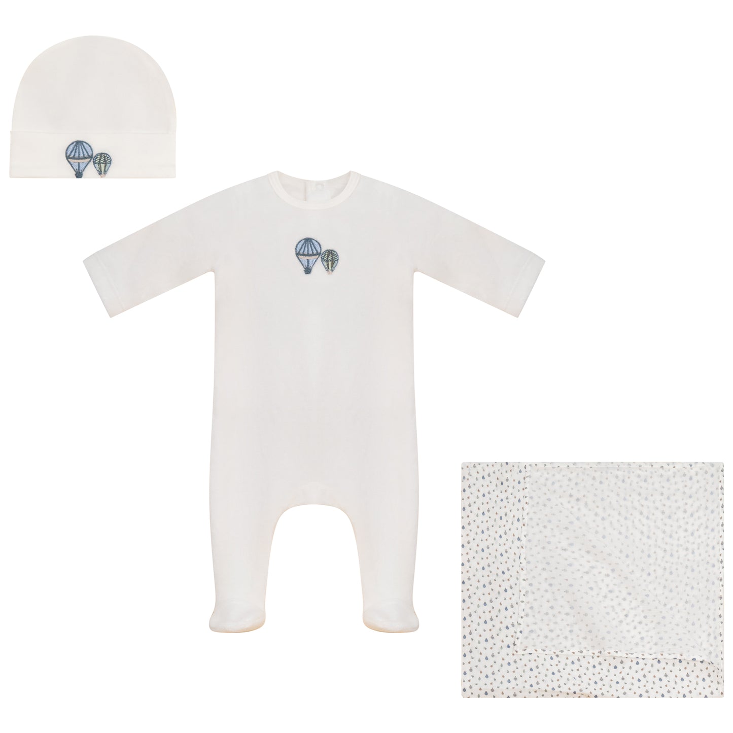 Little Embroidered Hot Balloon Footie, Hat and Blanket Set