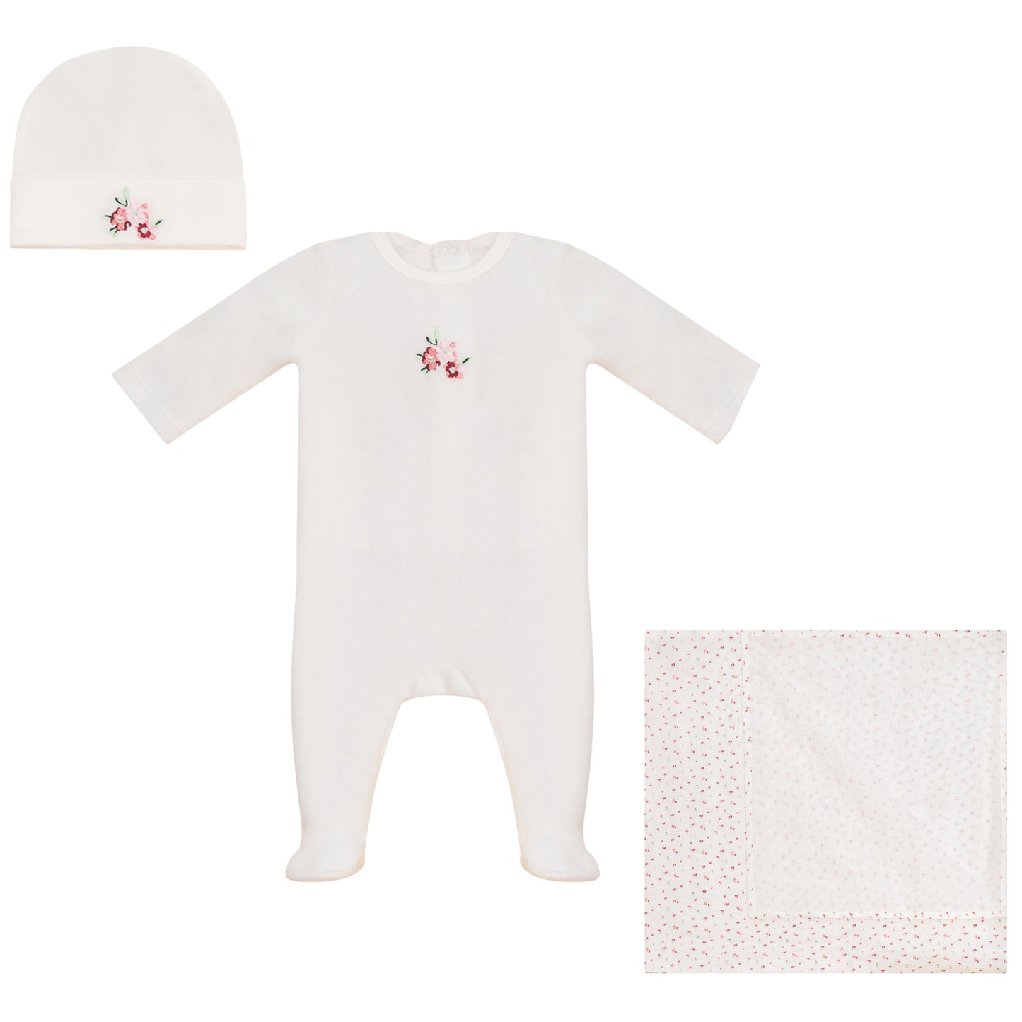 Little Embroidered Flower Footie, Hat and Blanket Set