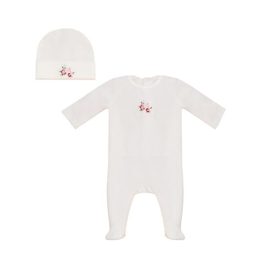 Little Embroidered Flower Footie and Hat Set