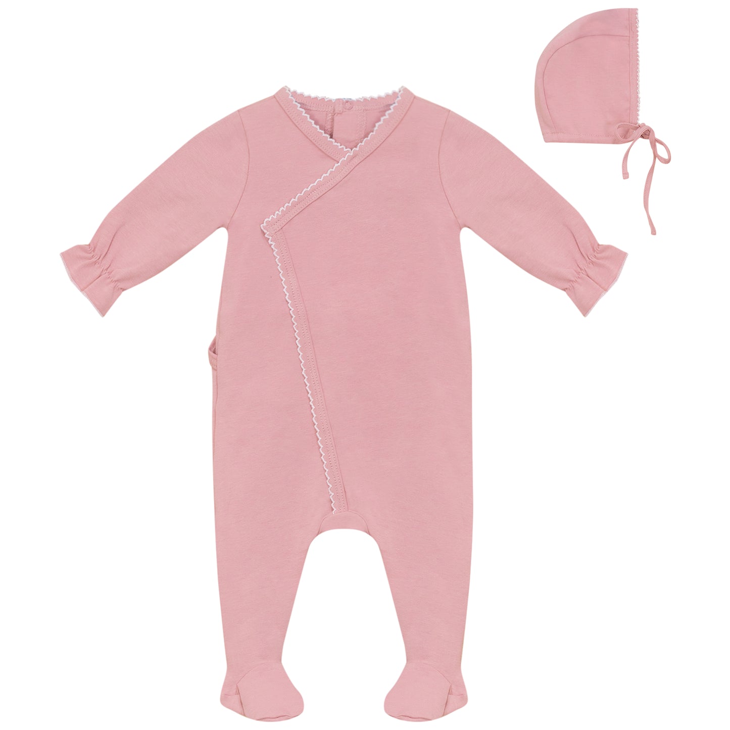 Picot Stitch Wrap Footie and Hat Set Rose