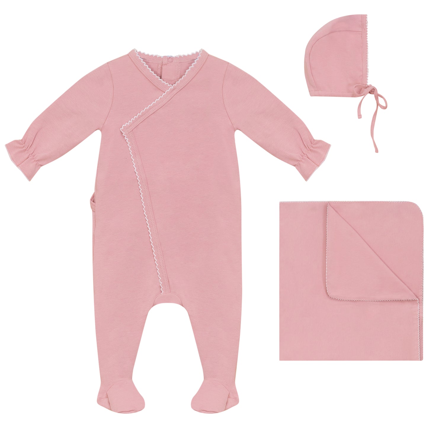 Picot Stitch Wrap Footie, Hat and Blanket Set Rose