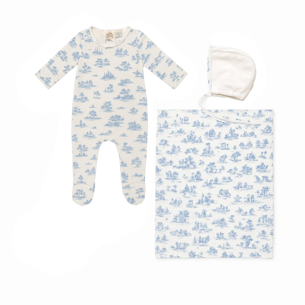 Forest Footie with Bonnet and Blanket Blue