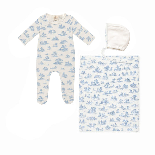 Forest Footie with Bonnet and Blanket Blue