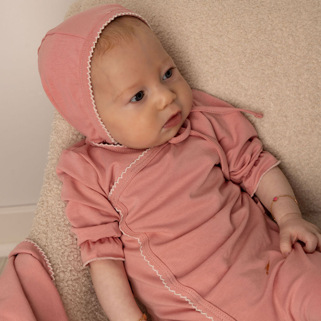 Picot Stitch Wrap Footie, Hat and Blanket Set Rose