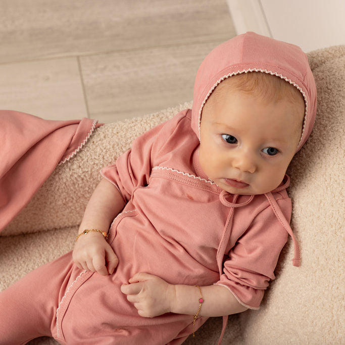 Picot Stitch Wrap Footie, Hat and Blanket Set Rose