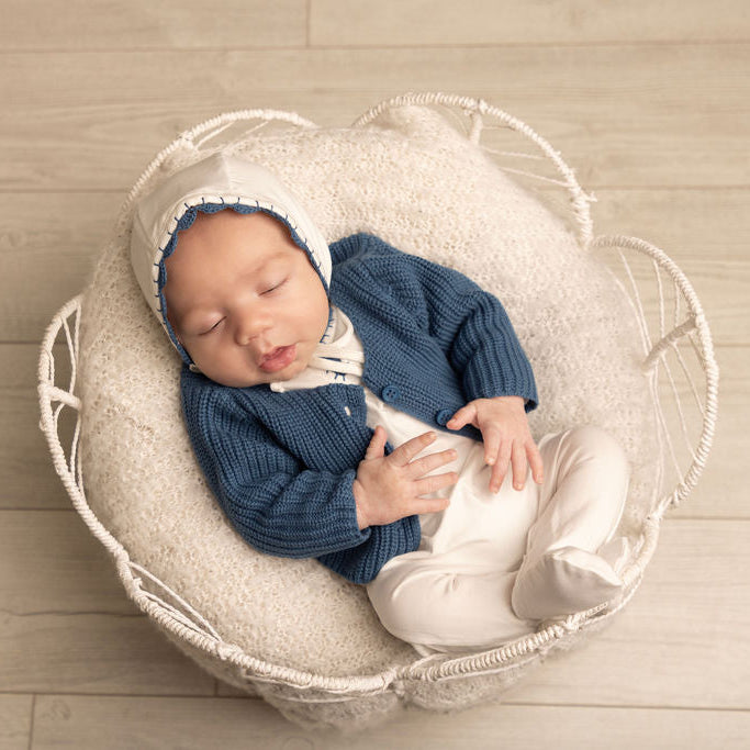 Yarn Trim Footie with Bonnet, Blanket & Knit Sweater Blue