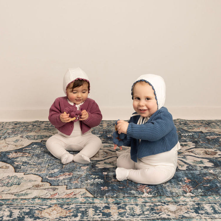 Yarn Trim Footie with Bonnet & Knit Sweater Blue