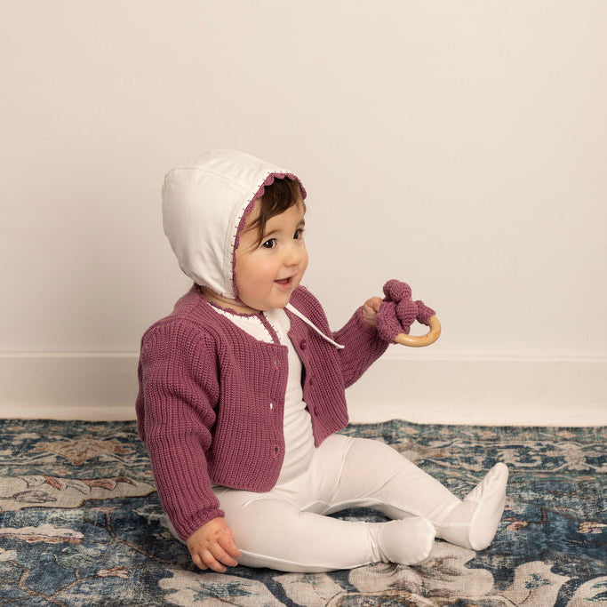 Yarn Trim Footie with Bonnet, Blanket & Knit Sweater Rose