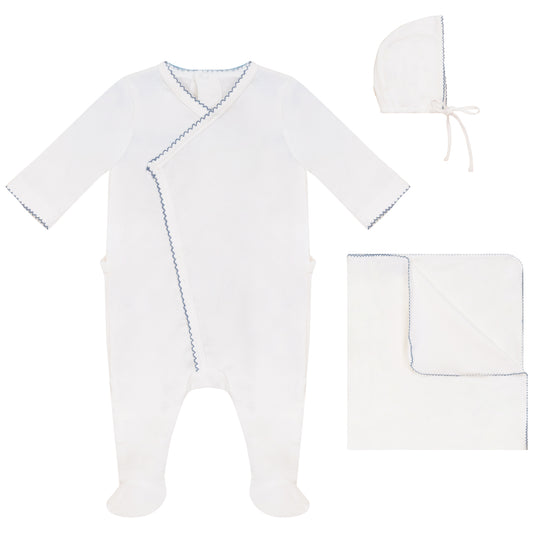 Picot Stitch Wrap Footie, Hat and Blanket Set White
