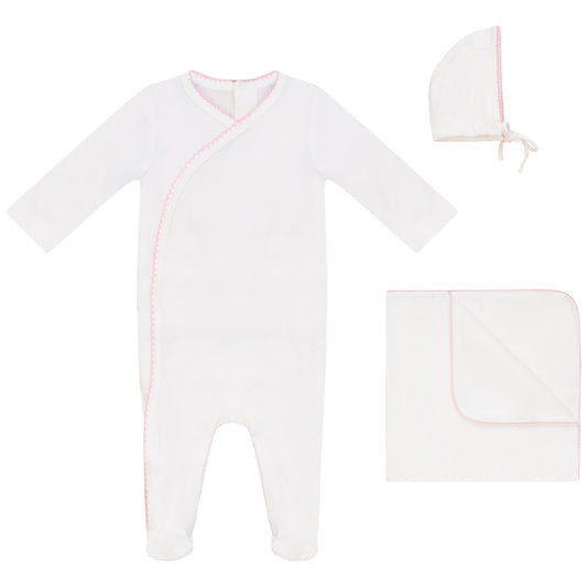 Eyelet Wrap Footie, Hat and Blanket Set with Pink Picot Stitch