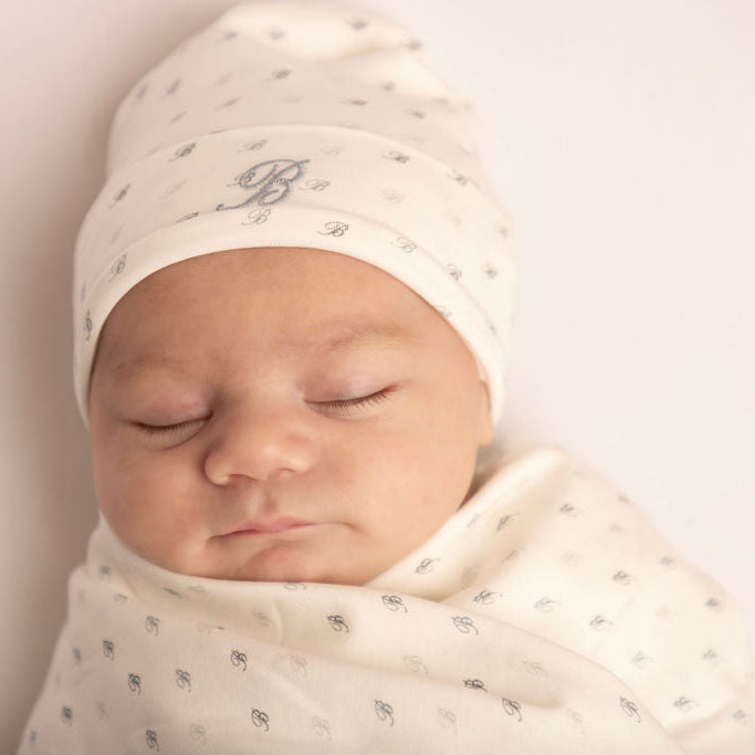 All Over B Footie with Pull on Hat and Blanket Blue