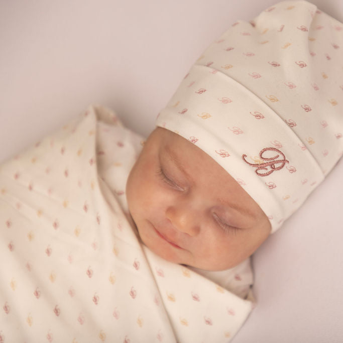 All Over B Footie with Pull on Hat and Blanket Pink