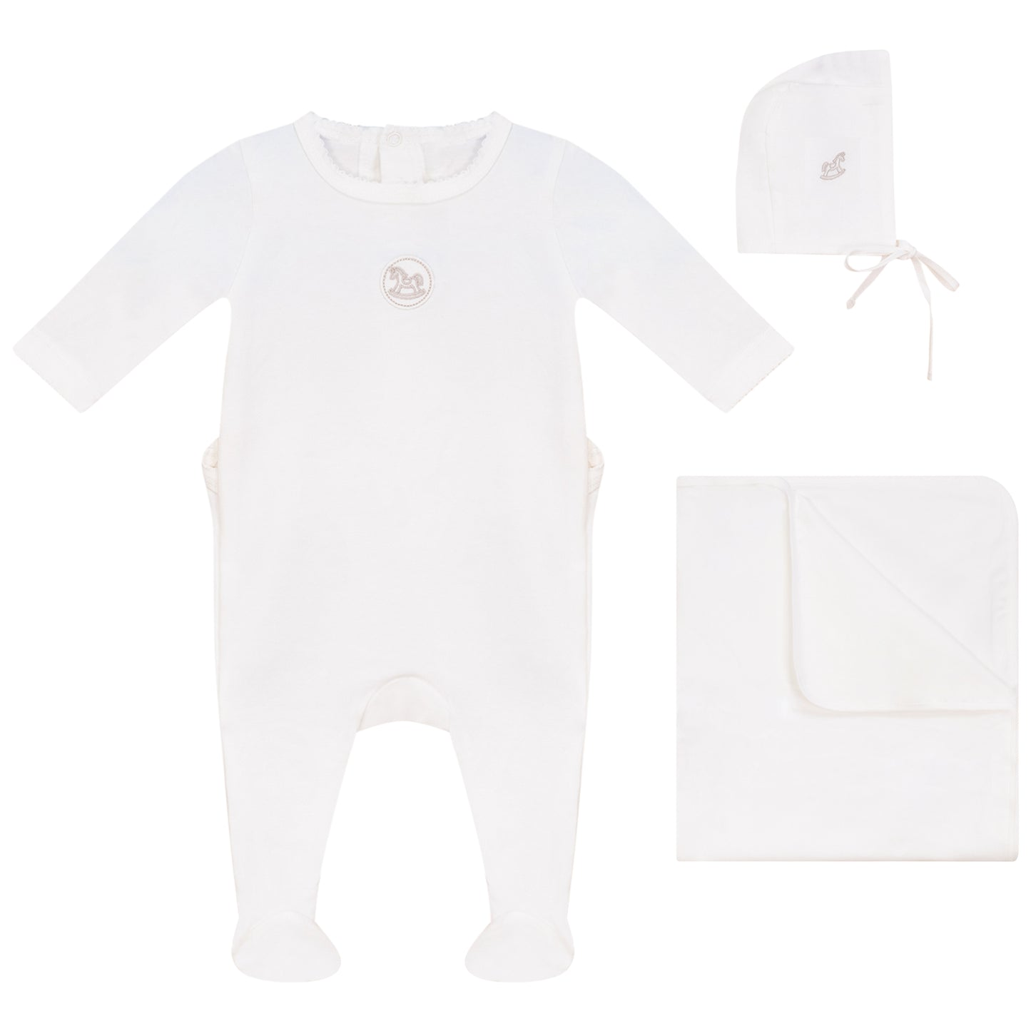 Linen Beige Logo Footie, Hat and Blanket Set White