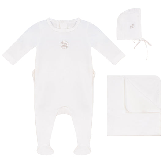 Linen Beige Logo Footie, Hat and Blanket Set White