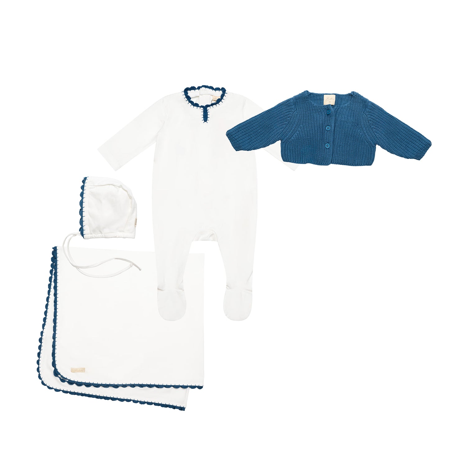 Yarn Trim Footie with Bonnet, Blanket & Knit Sweater Blue