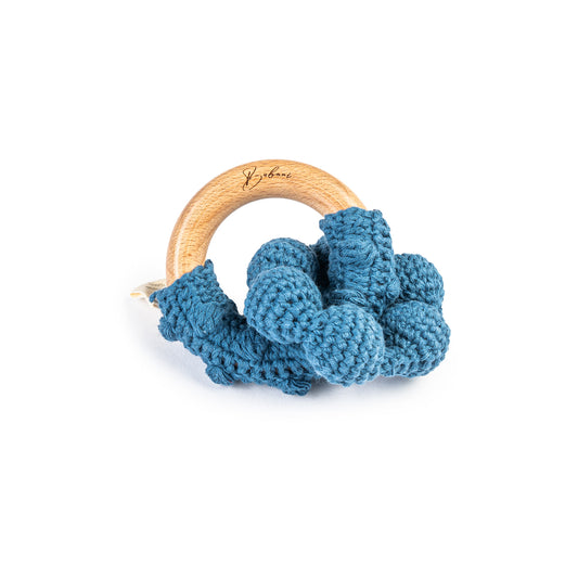 Wooden Teething Ring with Crochet Flower Blue