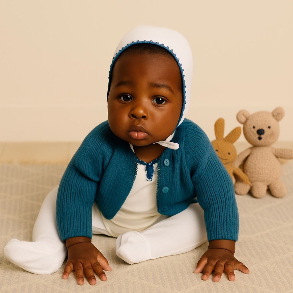 Yarn Trim Footie with Bonnet, Blanket & Knit Sweater Blue