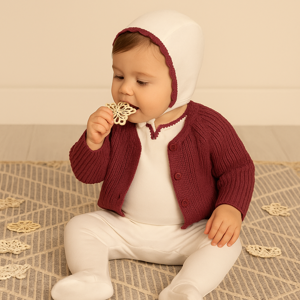 Yarn Trim Footie with Bonnet & Knit Sweater Rose