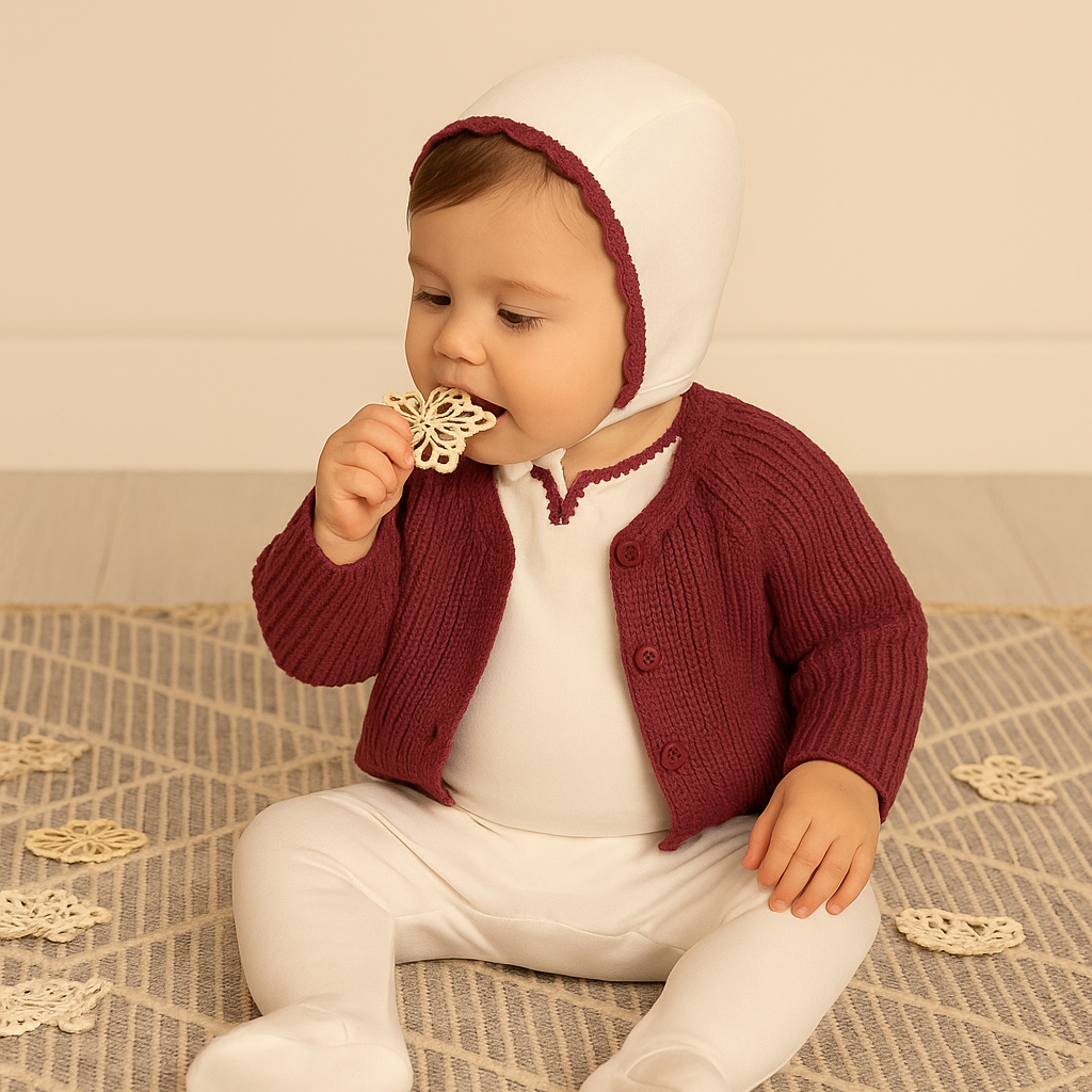 Yarn Trim Footie with Bonnet, Blanket & Knit Sweater Rose