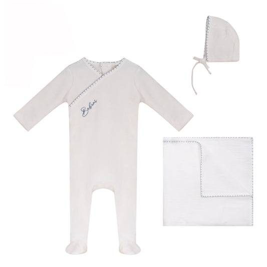 Colored Stitching Footie, Hat and Blanket Set [70W273B]