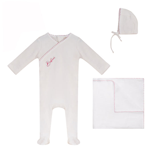 Colored Stitching Footie, Hat and Blanket Set [70W273G]