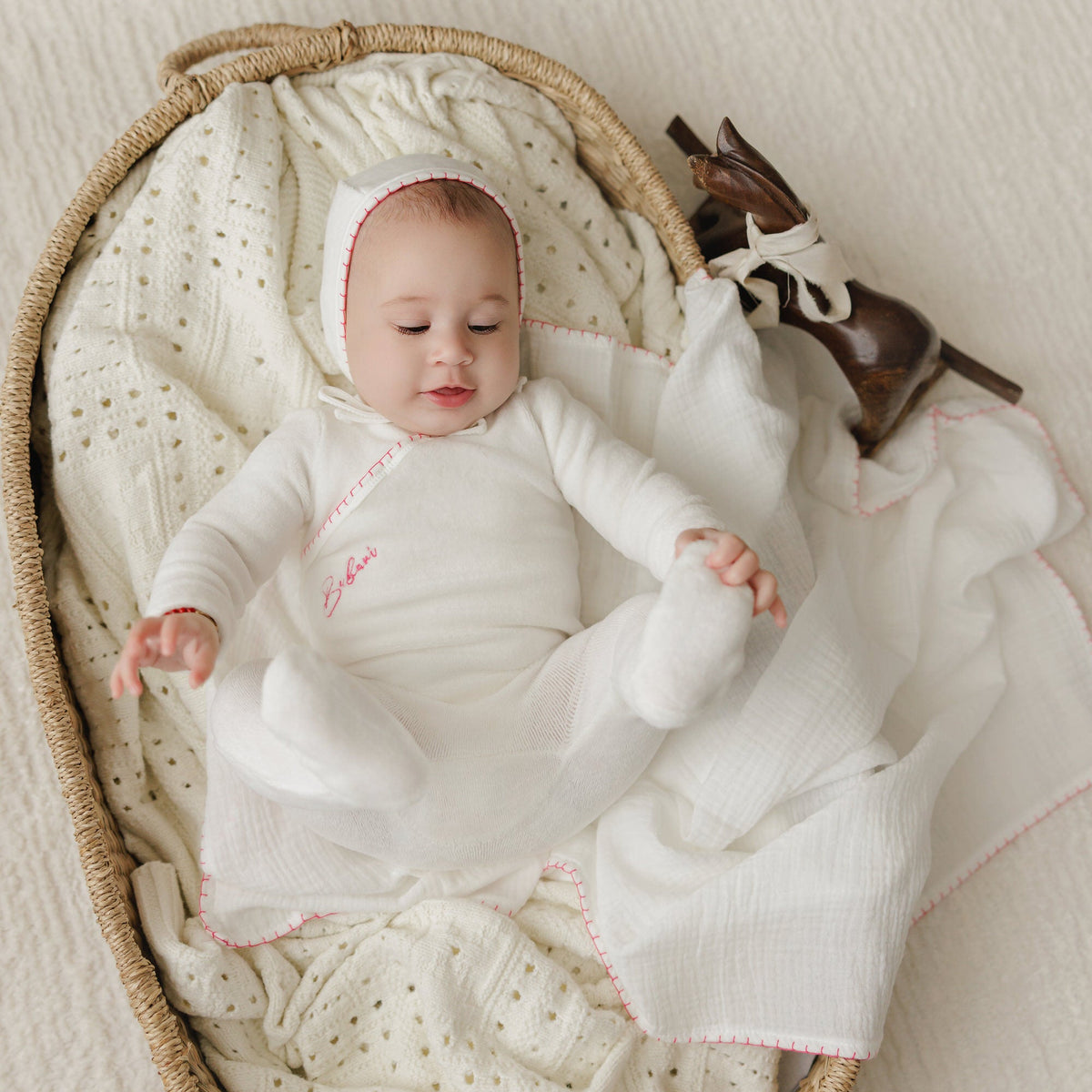 Colored Stitching Footie, Hat and Blanket Set [70W273G]