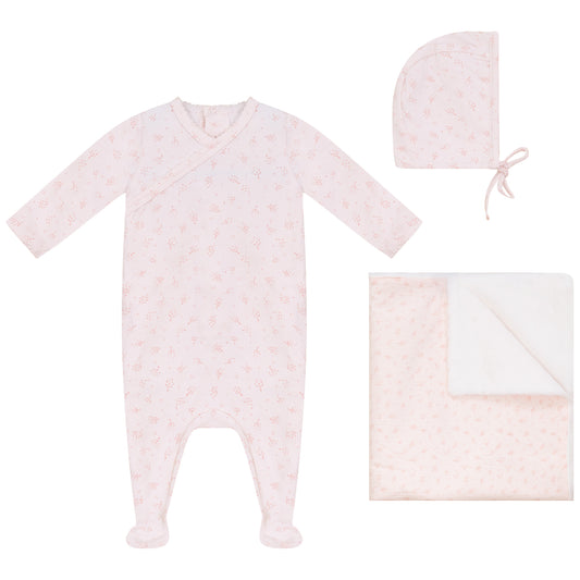 Flower Footie, Hat and Blanket Set Pink