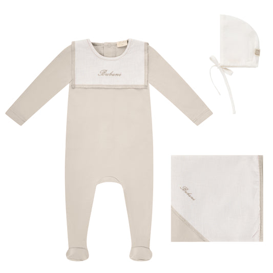 Linen Bib Footie, Bonnet and Blanket