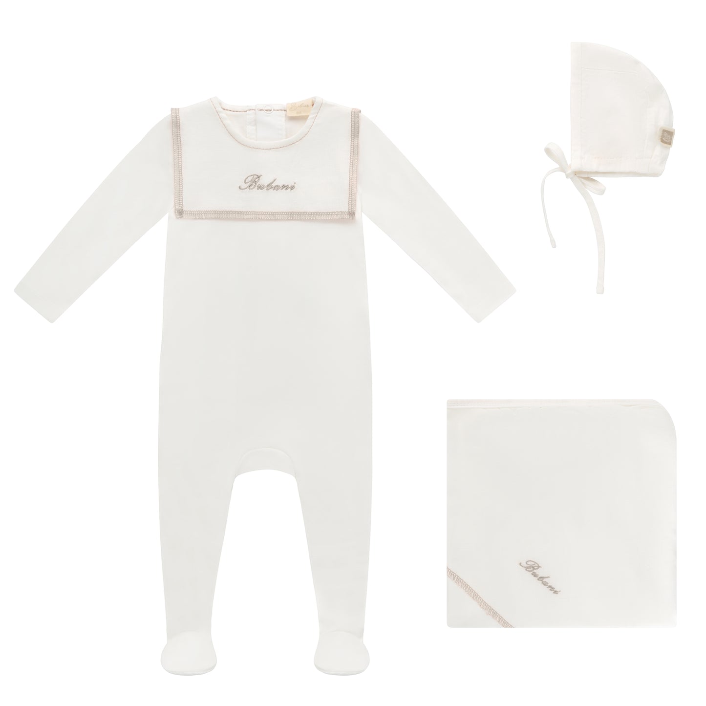Linen Bib Footie, Bonnet and Blanket