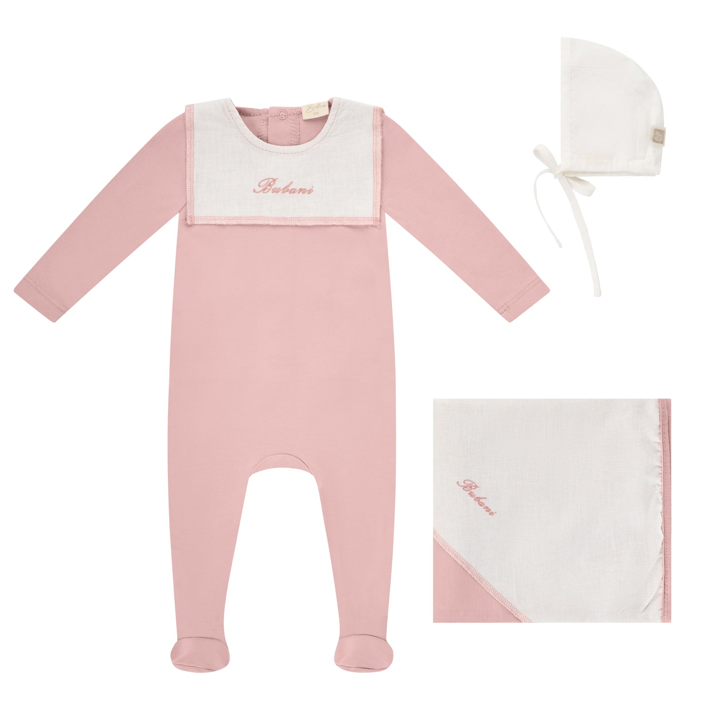 Linen Bib Footie, Bonnet and Blanket