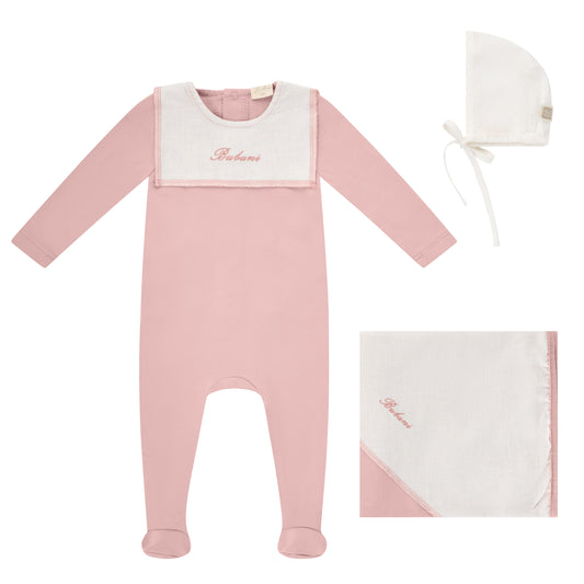 Linen Bib Footie, Bonnet and Blanket