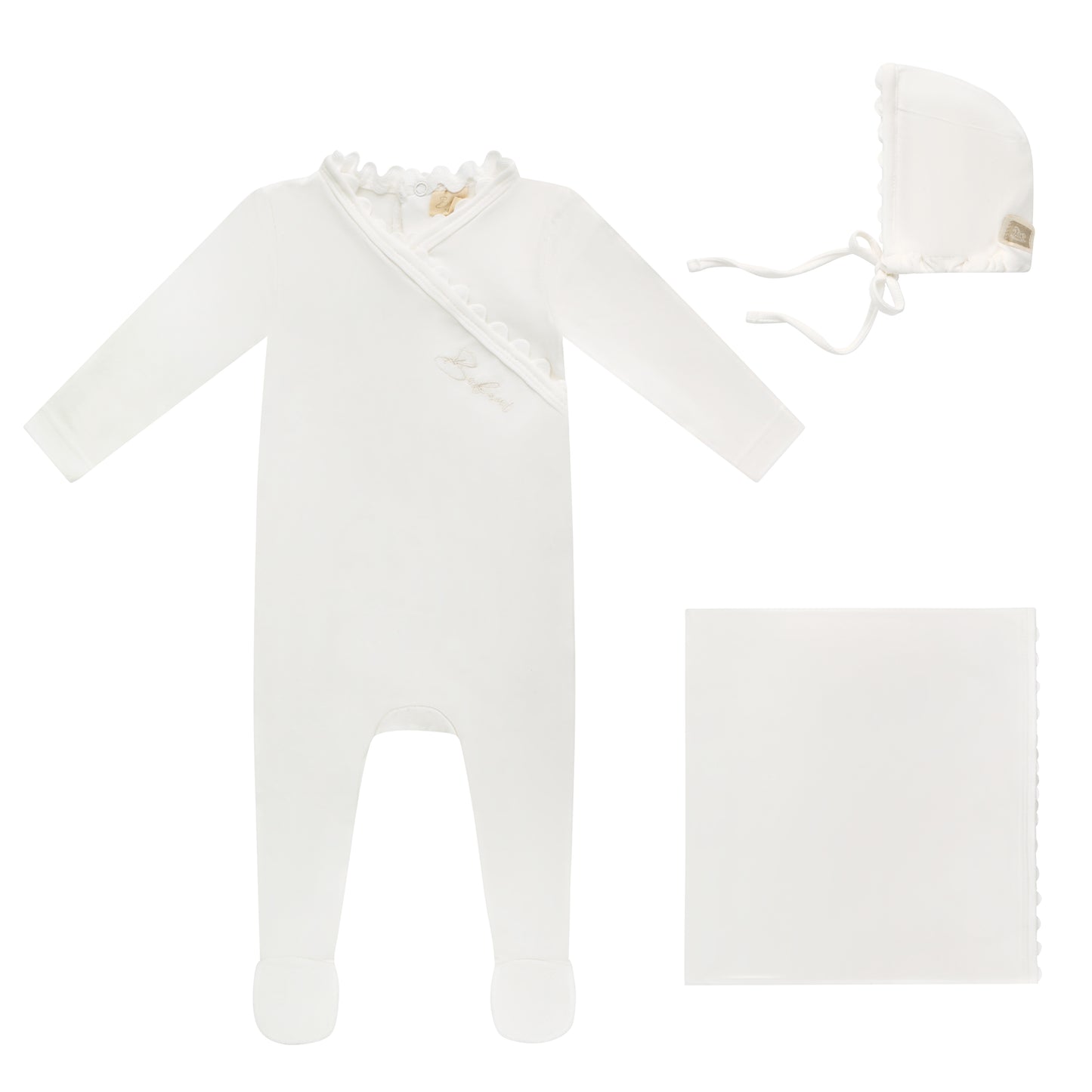 Ric Rac Trim Footie, Bonnet and Blanket