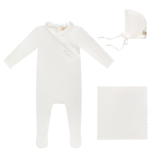 Ric Rac Trim Footie, Bonnet and Blanket