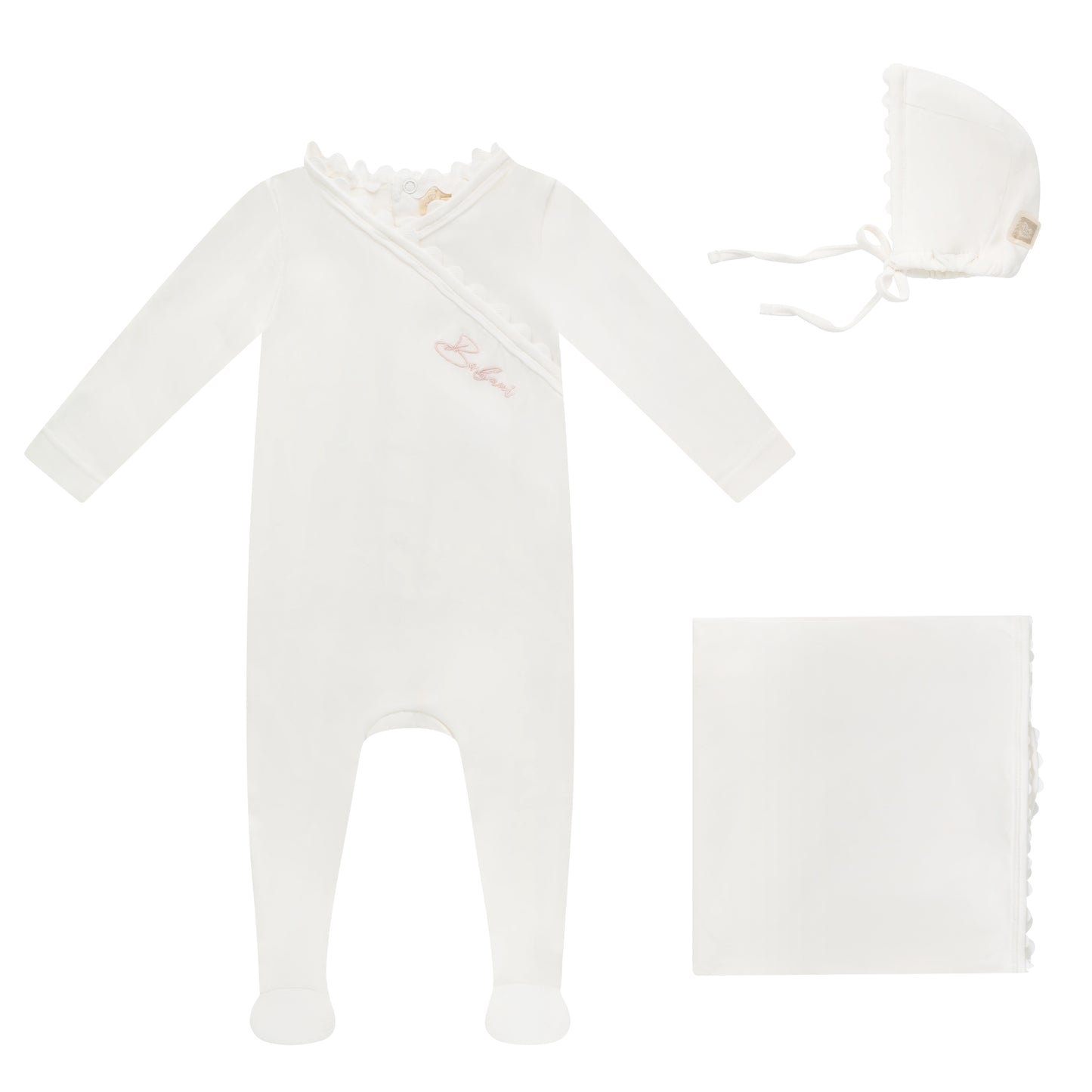 Ric Rac Trim Footie, Bonnet and Blanket