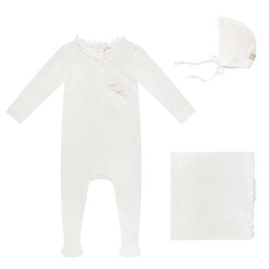 Ric Rac Trim Footie, Bonnet and Blanket