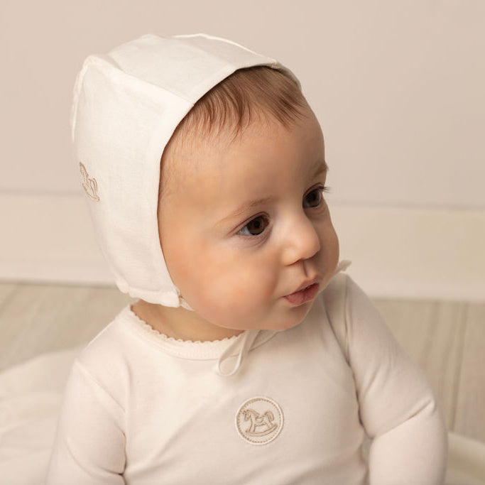 Linen Beige Logo Footie and Hat Set White