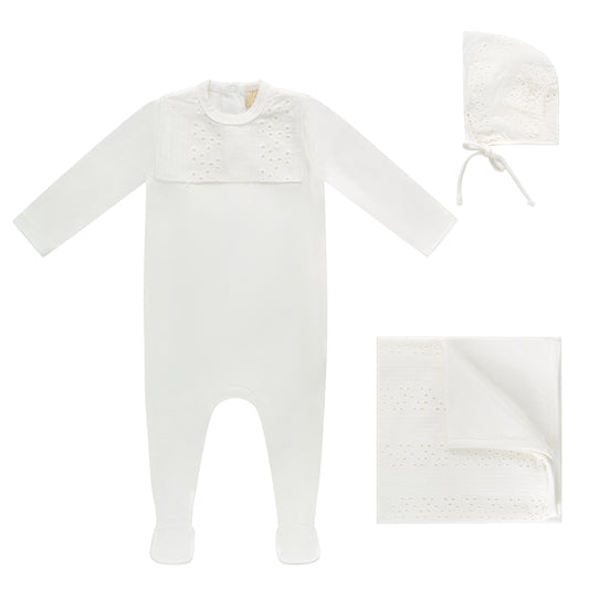 Eyelet Ruffle Bib  Footie, Bonnet and Blanket