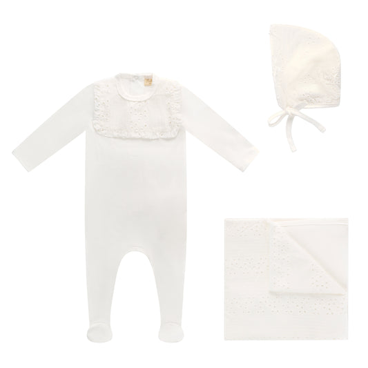 Eyelet Ruffle Bib Footie, Bonnet and Blanket