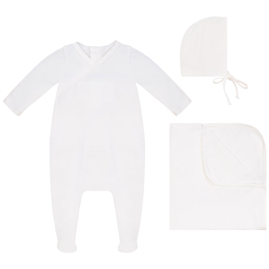 Lovely Footie, Hat and Blanket Set White