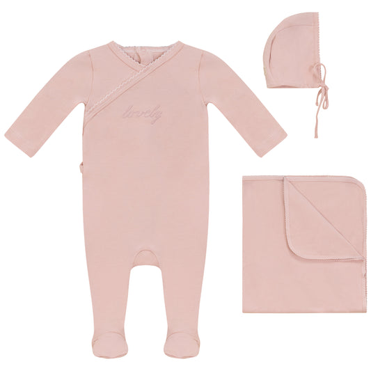 Lovely Footie, Hat and Blanket Set Pink