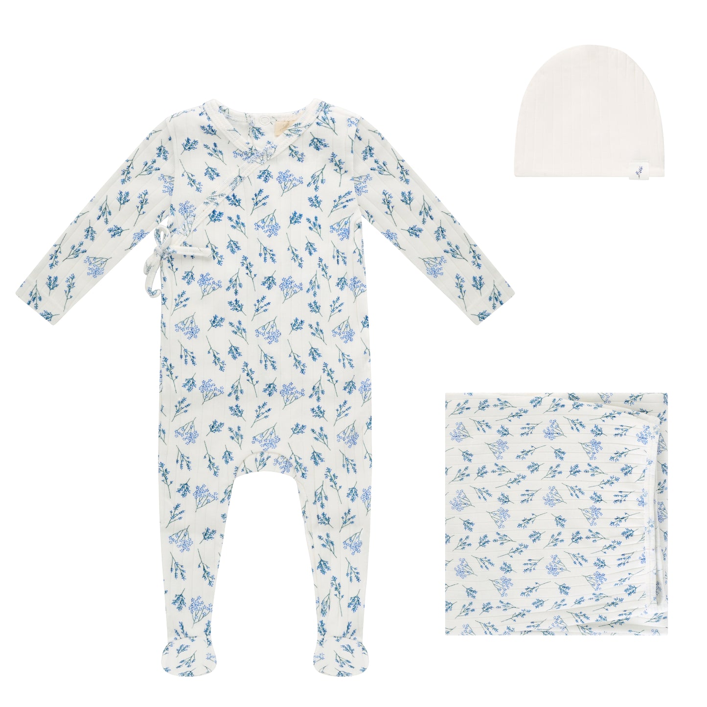 AOP Ribbed Leaf Footie, Hat and Blanket